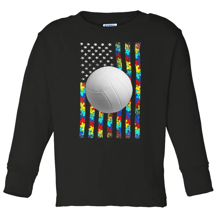 Autism Awareness American Flag Volleyball Toddler Long Sleeve Shirt