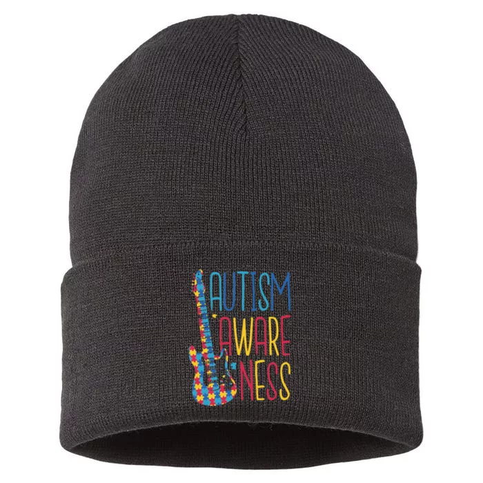 AUTISM AWARENESS AUTISTISM PUZZLE GUITAR DESIGN GIFTS Sustainable Knit Beanie