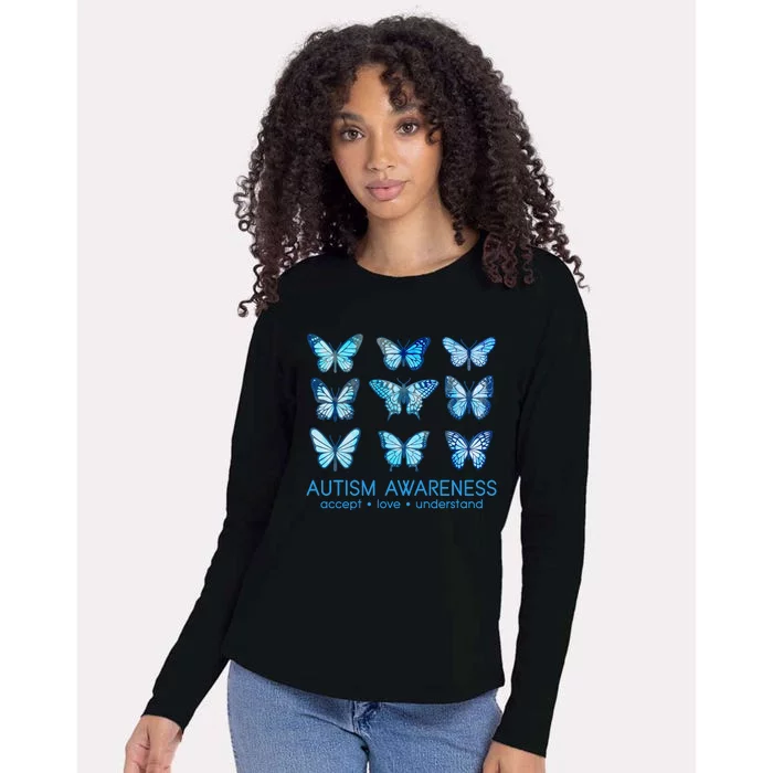 Autism Awareness Accept Love Understand Blue Butterflies Womens Cotton Relaxed Long Sleeve T-Shirt