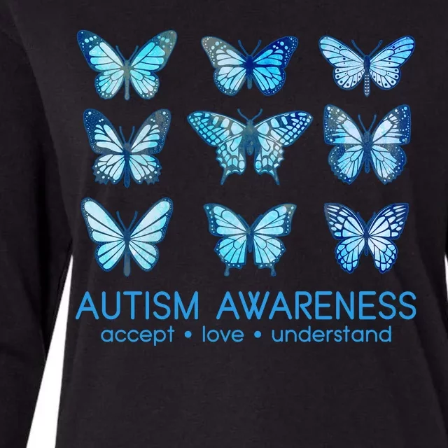 Autism Awareness Accept Love Understand Blue Butterflies Womens Cotton Relaxed Long Sleeve T-Shirt