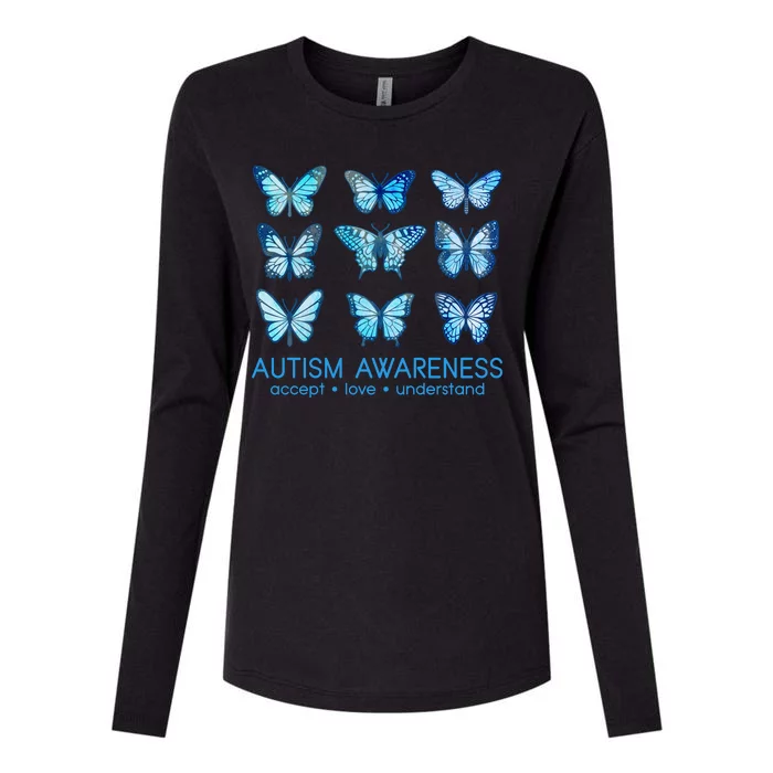 Autism Awareness Accept Love Understand Blue Butterflies Womens Cotton Relaxed Long Sleeve T-Shirt