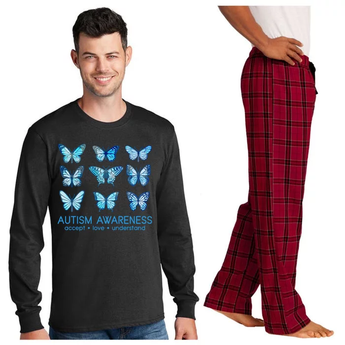 Autism Awareness Accept Love Understand Blue Butterflies Long Sleeve Pajama Set