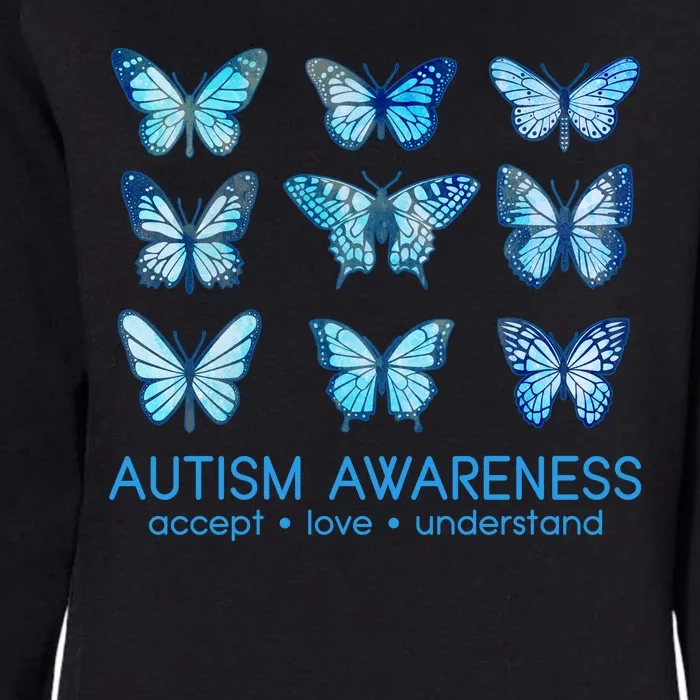 Autism Awareness Accept Love Understand Blue Butterflies Womens California Wash Sweatshirt