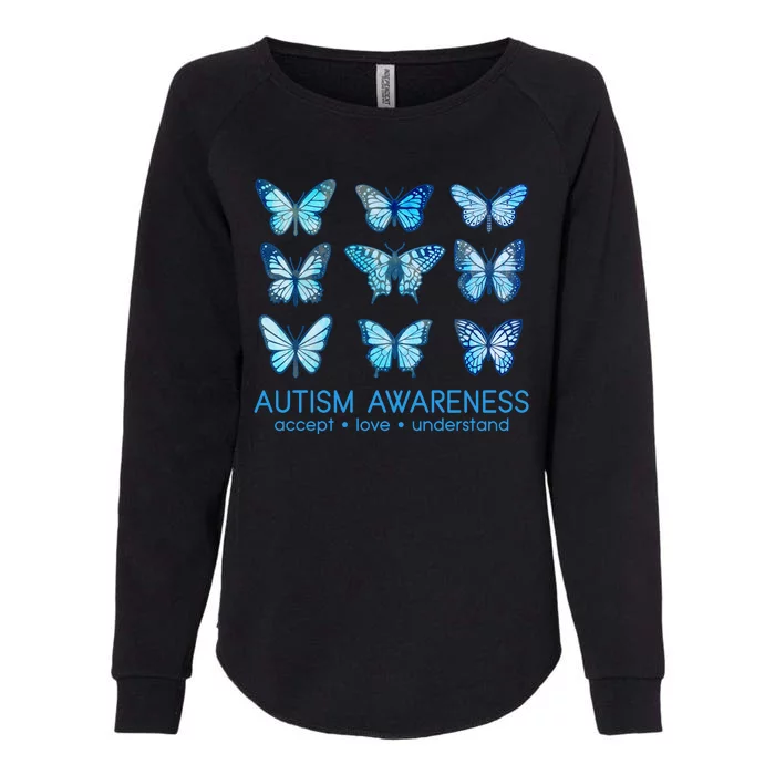 Autism Awareness Accept Love Understand Blue Butterflies Womens California Wash Sweatshirt