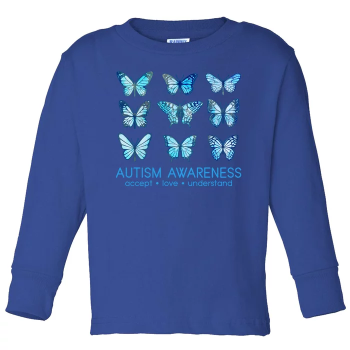 Autism Awareness Accept Love Understand Blue Butterflies Toddler Long Sleeve Shirt