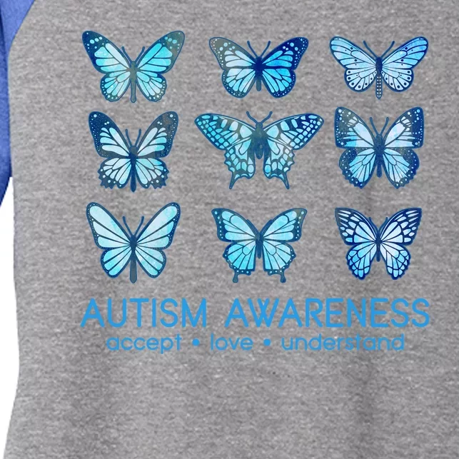 Autism Awareness Accept Love Understand Blue Butterflies Women's Tri-Blend 3/4-Sleeve Raglan Shirt