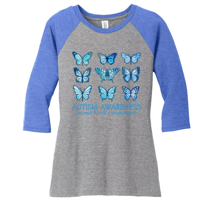 Autism Awareness Accept Love Understand Blue Butterflies Women's Tri-Blend 3/4-Sleeve Raglan Shirt