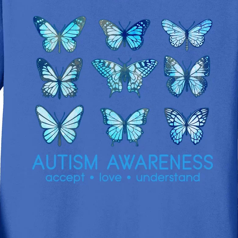 Autism Awareness Accept Love Understand Blue Butterflies Kids Long Sleeve Shirt