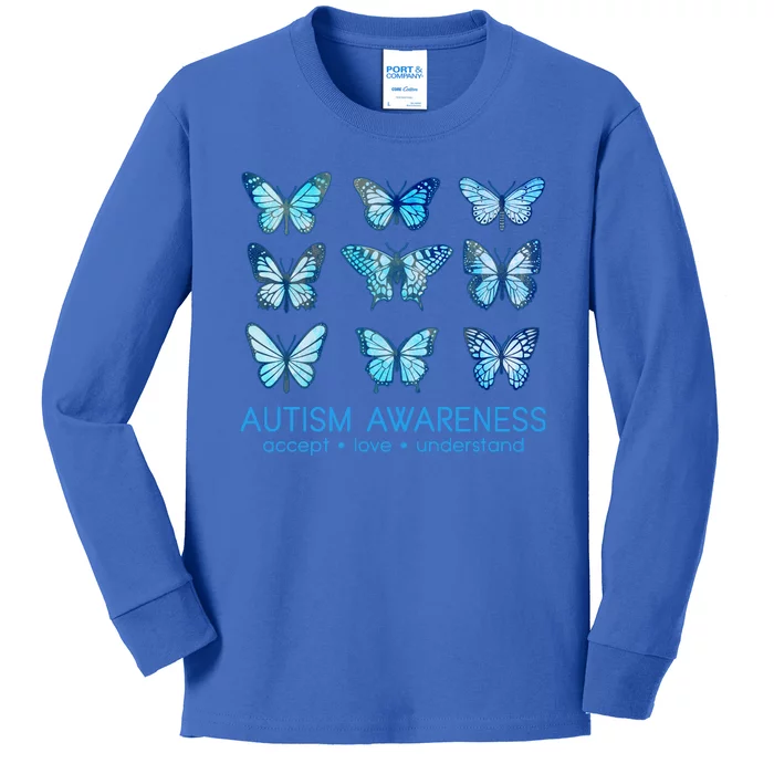 Autism Awareness Accept Love Understand Blue Butterflies Kids Long Sleeve Shirt