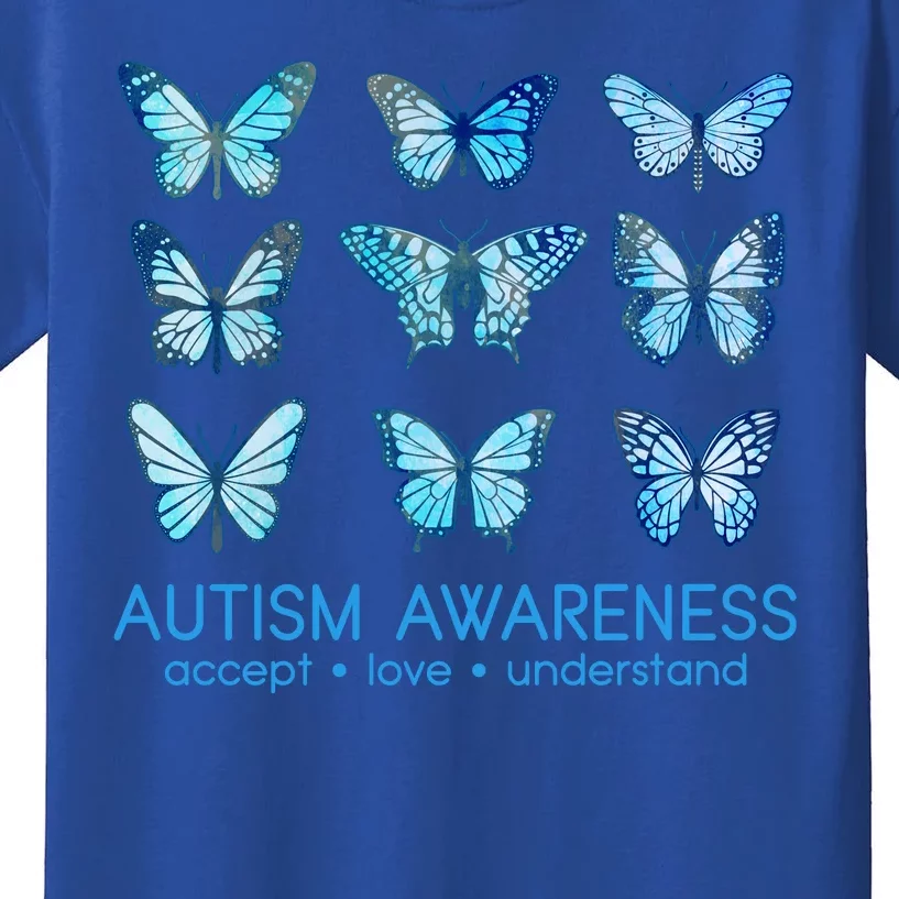 Autism Awareness Accept Love Understand Blue Butterflies Kids T-Shirt