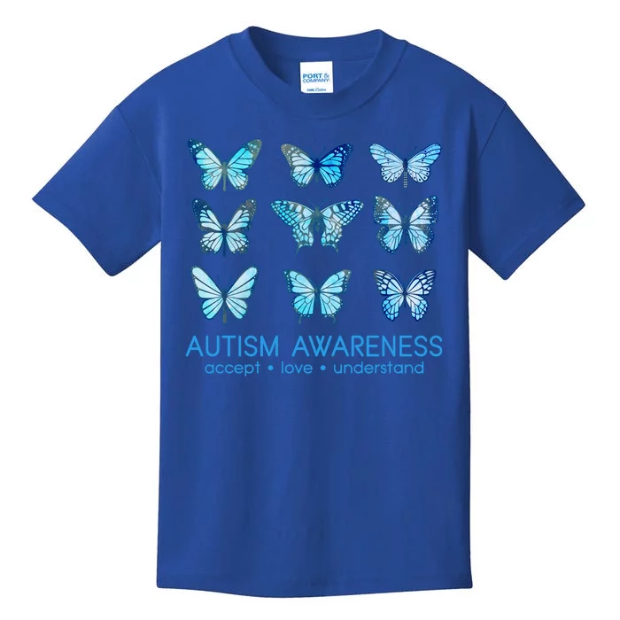 Autism Awareness Accept Love Understand Blue Butterflies Kids T-Shirt