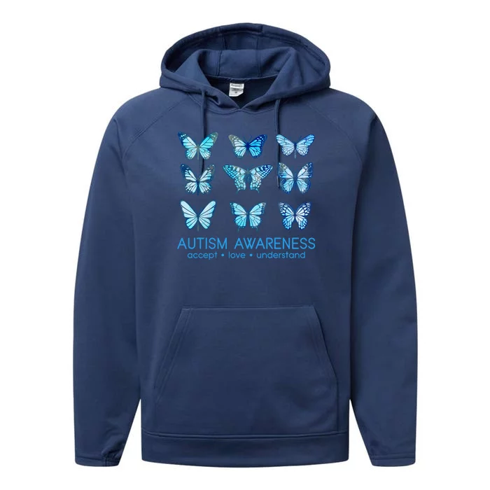 Autism Awareness Accept Love Understand Blue Butterflies Performance Fleece Hoodie