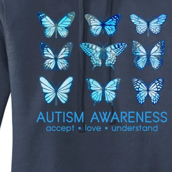 Autism Awareness Accept Love Understand Blue Butterflies Women's Pullover Hoodie