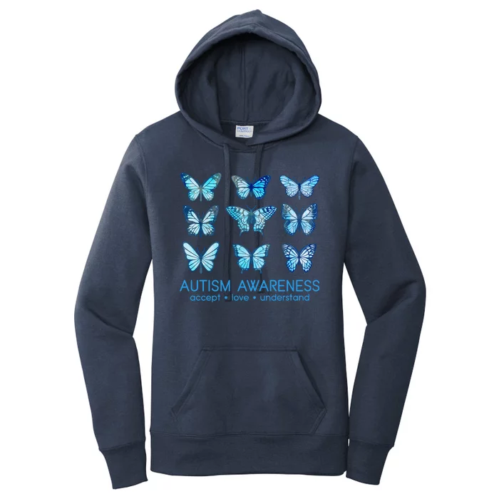 Autism Awareness Accept Love Understand Blue Butterflies Women's Pullover Hoodie