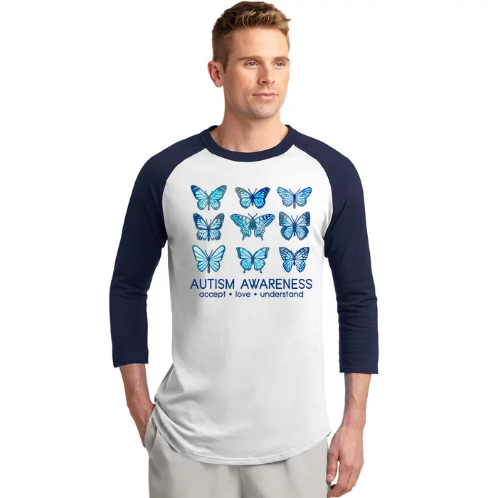 Autism Awareness Accept Love Understand Blue Butterflies Baseball Sleeve Shirt