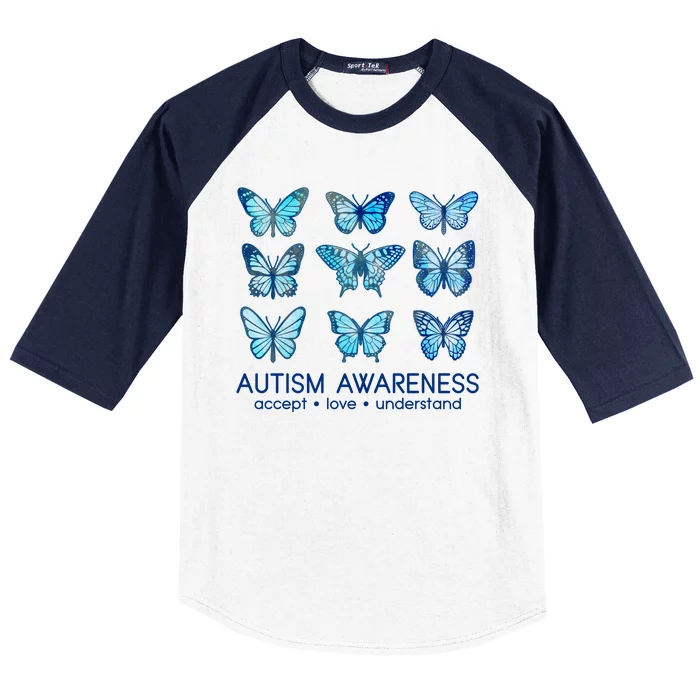 Autism Awareness Accept Love Understand Blue Butterflies Baseball Sleeve Shirt