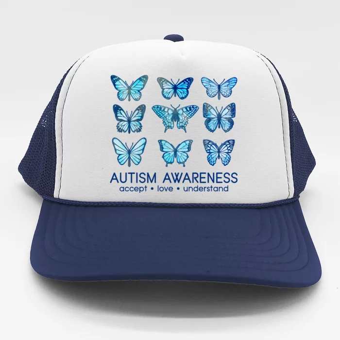 Autism Awareness Accept Love Understand Blue Butterflies Trucker Hat