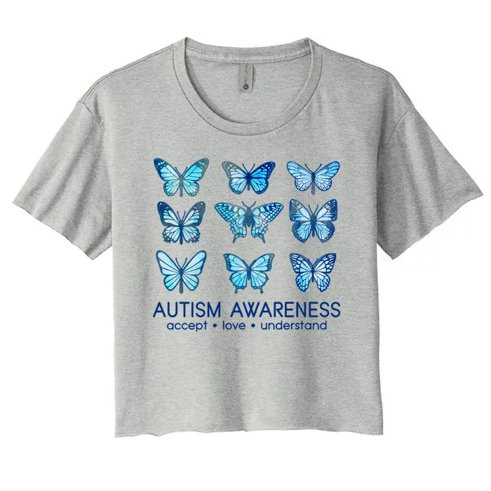 Autism Awareness Accept Love Understand Blue Butterflies Women's Crop Top Tee