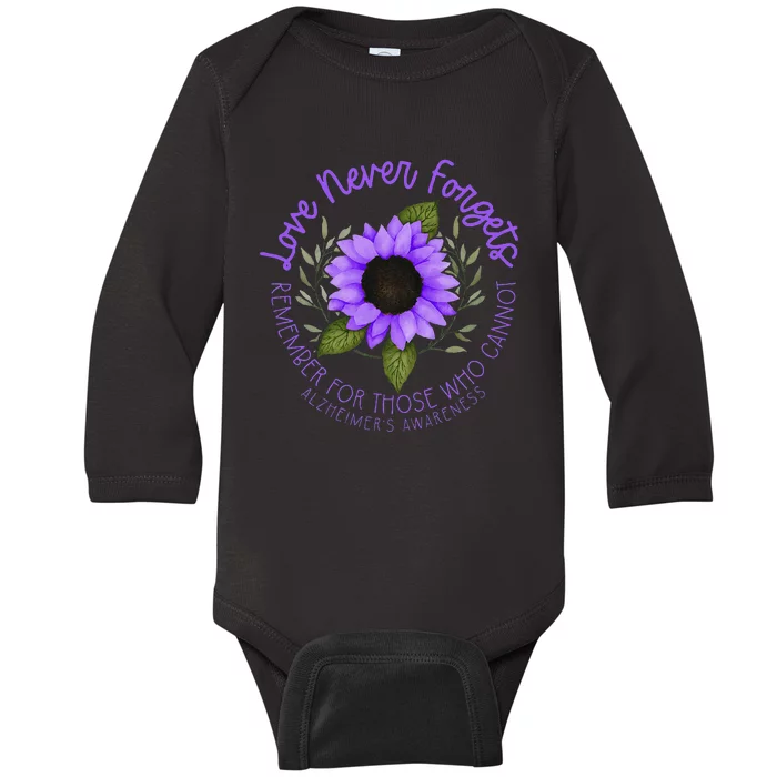 Alzheimer Awareness And Women Purple Sunflower Baby Long Sleeve Bodysuit