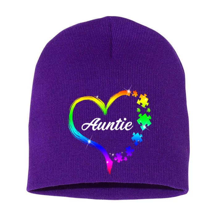 Auntie Autism Awareness Rainbow Heart Short Acrylic Beanie