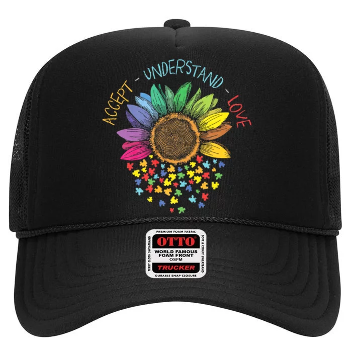 Autism Awareness Accept Understand Love Asd Rainbow Flower High Crown Mesh Trucker Hat