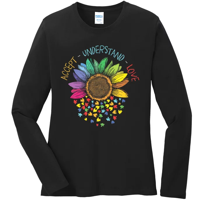 Autism Awareness Accept Understand Love Asd Rainbow Flower Ladies Long Sleeve Shirt