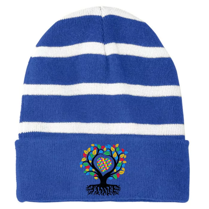 African American Autism Tree Love Life Awareness Month Asd Gift Striped Beanie with Solid Band