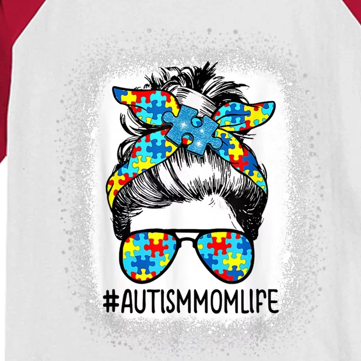 Autism Awareness Autism Mom Life Messy Hair Bun Mother's Day Gift Kids Colorblock Raglan Jersey