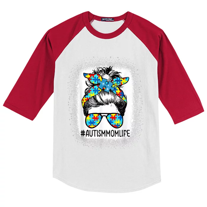 Autism Awareness Autism Mom Life Messy Hair Bun Mother's Day Gift Kids Colorblock Raglan Jersey