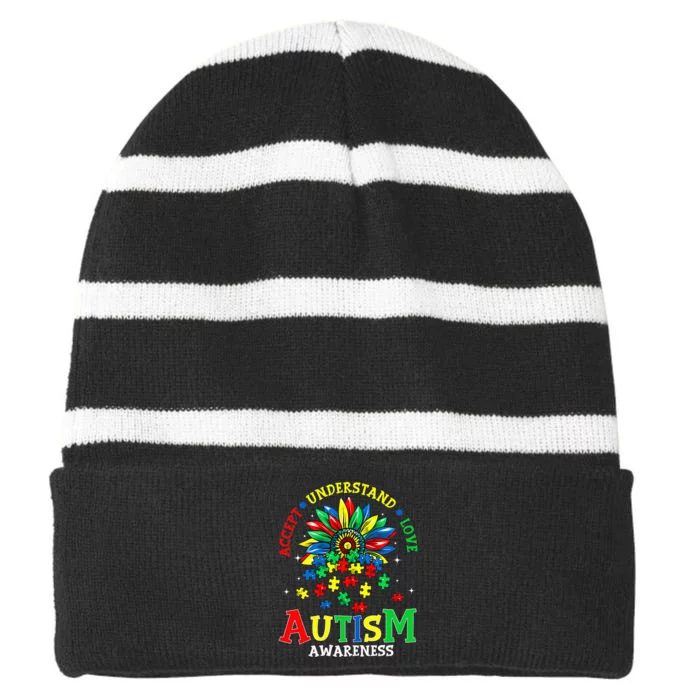 Autism Awareness Accept Understand Love Autism Mom Striped Beanie with Solid Band