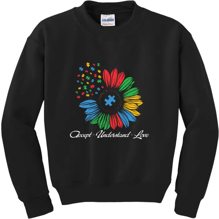 Autism Awareness Accept Understand Love Sunflower Autism Kids Sweatshirt