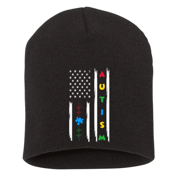 Autism Awareness American Flag Autism Awareness Puzzle Short Acrylic Beanie