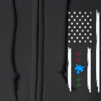 Autism Awareness American Flag Autism Awareness Puzzle Full Zip Hoodie