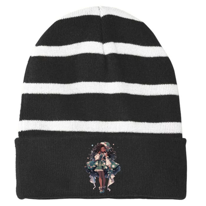 African American Anime Girl Striped Beanie with Solid Band