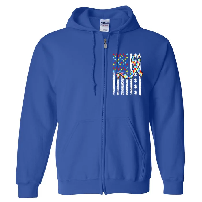 Autism Awareness American Flag Autism Gift Full Zip Hoodie