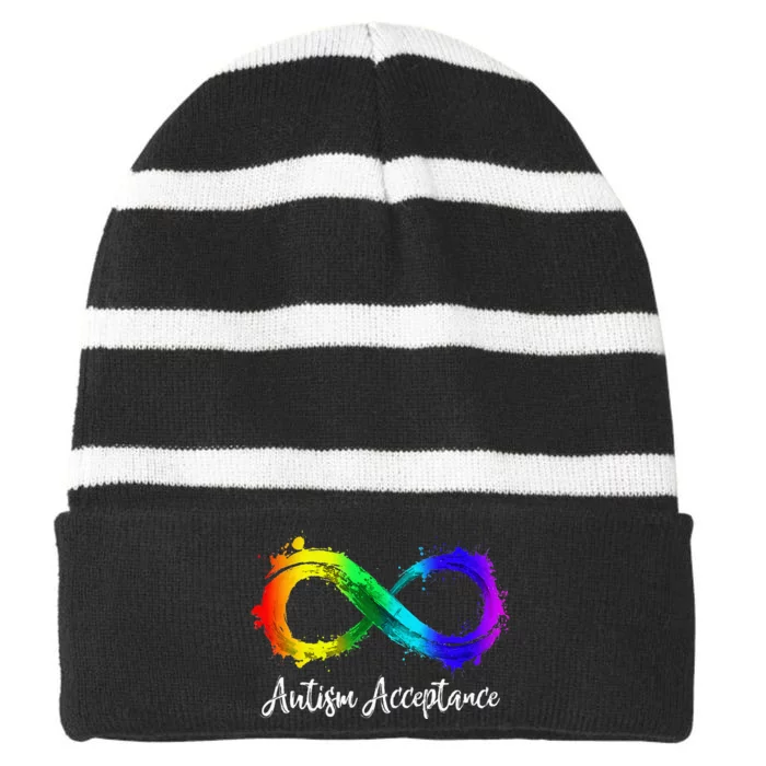 Autism Awareness Acceptance Rainbow Infinity Symbol Striped Beanie with Solid Band