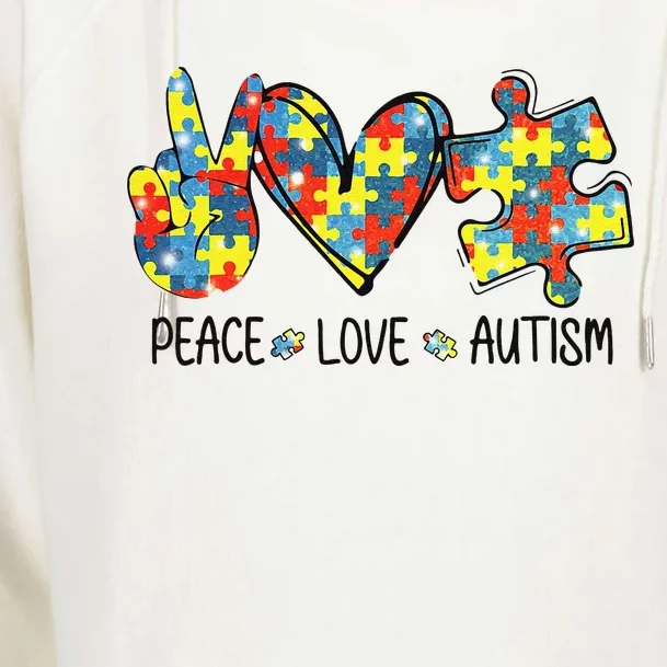 Awesome Autism Awareness Peace Love Puzzle Pieces Womens Funnel Neck Pullover Hood