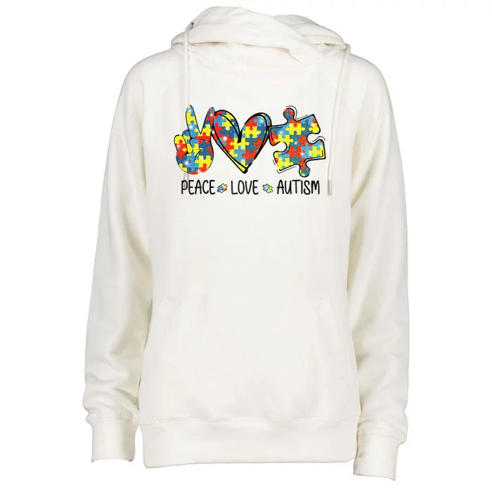 Awesome Autism Awareness Peace Love Puzzle Pieces Womens Funnel Neck Pullover Hood