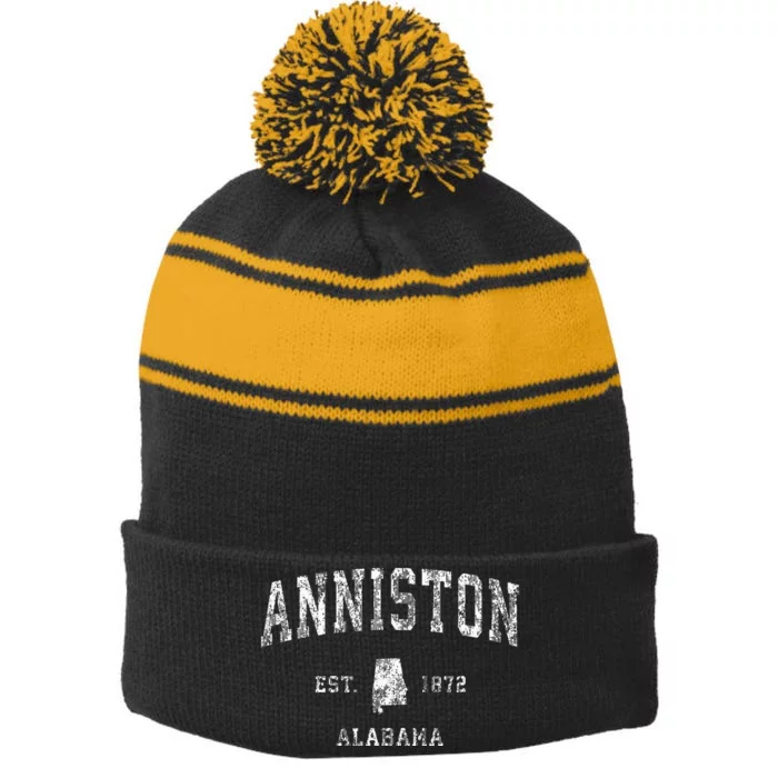 Anniston Alabama Al Vintage Athletic Sports Design Stripe Pom Pom Beanie