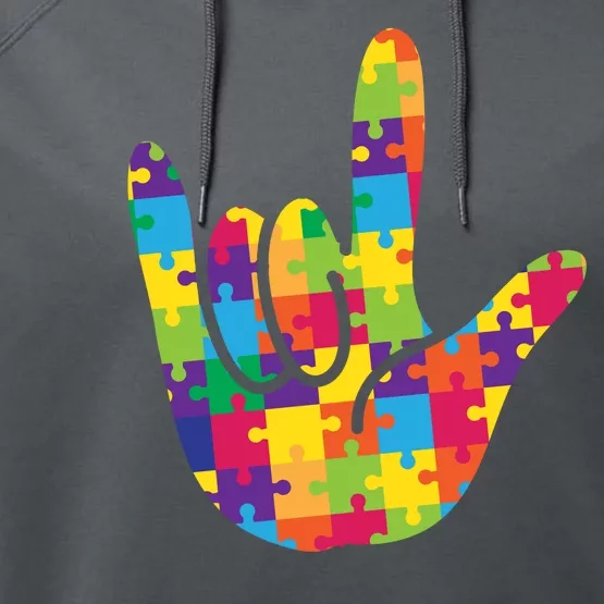 Autism Awareness ASL I Love You Puzzle Hand Performance Fleece Hoodie