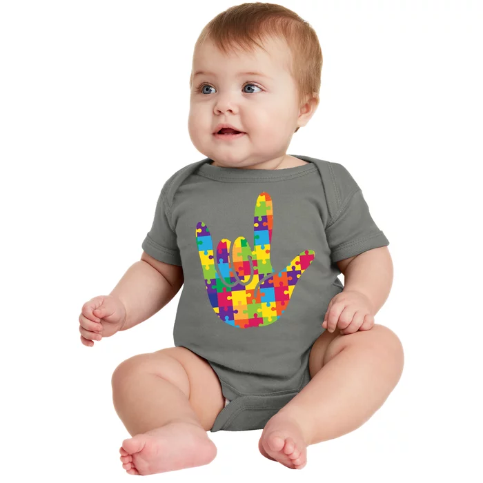 Autism Awareness ASL I Love You Puzzle Hand Baby Bodysuit