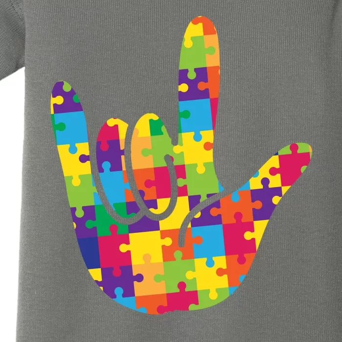 Autism Awareness ASL I Love You Puzzle Hand Baby Bodysuit