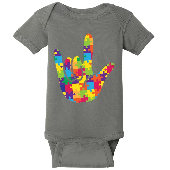 Autism Awareness ASL I Love You Puzzle Hand Baby Bodysuit