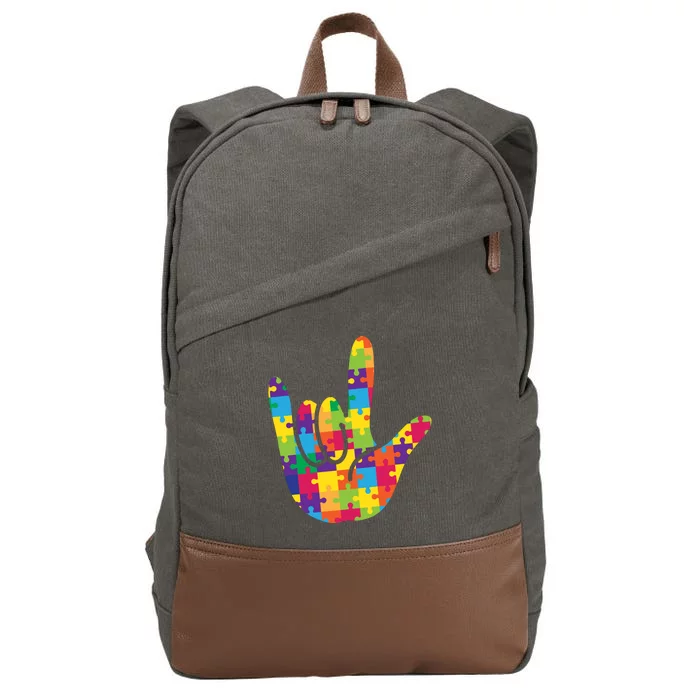 Autism Awareness ASL I Love You Puzzle Hand Cotton Canvas Backpack