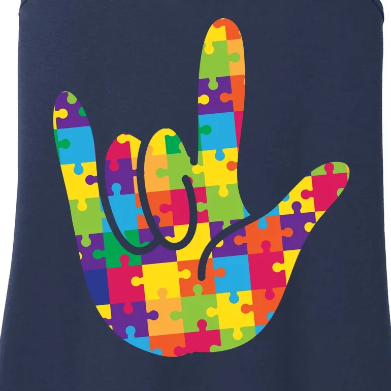 Autism Awareness ASL I Love You Puzzle Hand Ladies Essential Tank