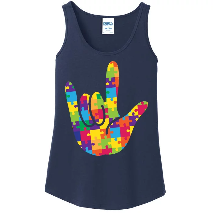 Autism Awareness ASL I Love You Puzzle Hand Ladies Essential Tank