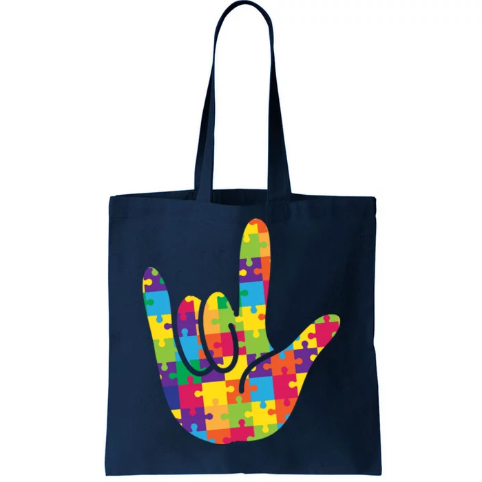 Autism Awareness ASL I Love You Puzzle Hand Tote Bag