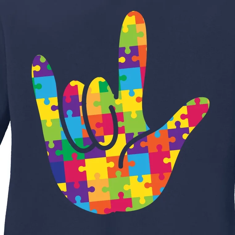 Autism Awareness ASL I Love You Puzzle Hand Ladies Long Sleeve Shirt