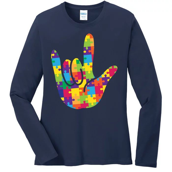 Autism Awareness ASL I Love You Puzzle Hand Ladies Long Sleeve Shirt