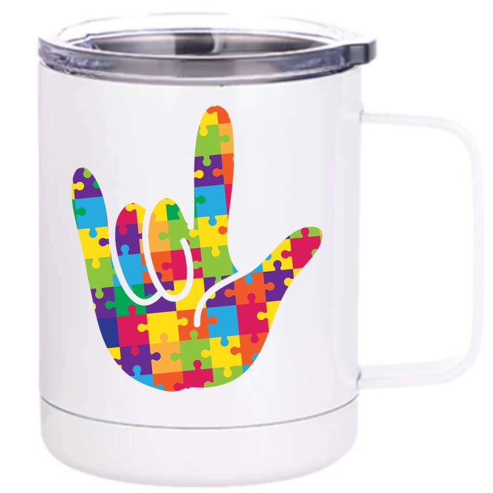 Autism Awareness ASL I Love You Puzzle Hand Front & Back 12oz Stainless Steel Tumbler Cup